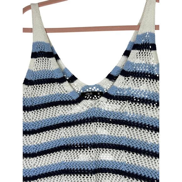 obu Blue & White Stripe V-neck Cotton Crochet Open Knit Summer Tank Top Size M - Picture 2 of 8